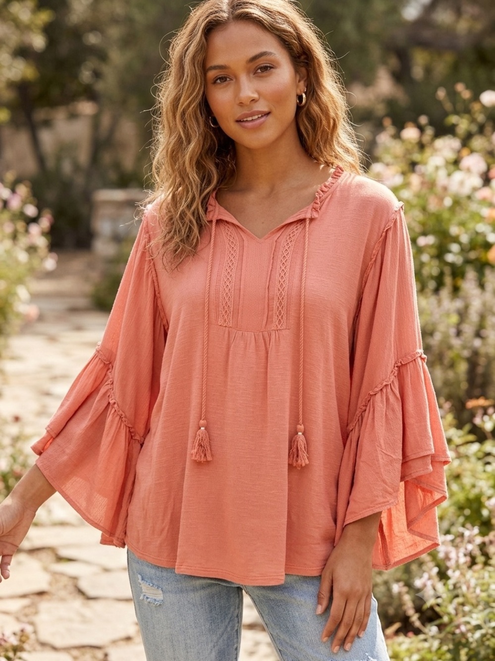 Vintage America “Mallory” Coral Peasant Tunic with Tassel Detail